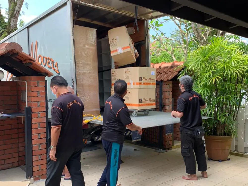 Elite Movers team unloading moving boxes from the truck's tail lift