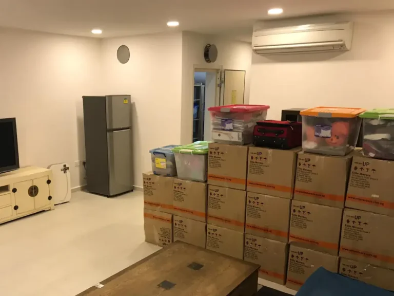 Elite Movers moving boxes stacked in customer's new home